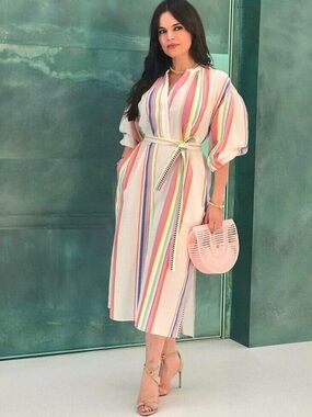 Striped Pastel Midi Dress with Tie Belt